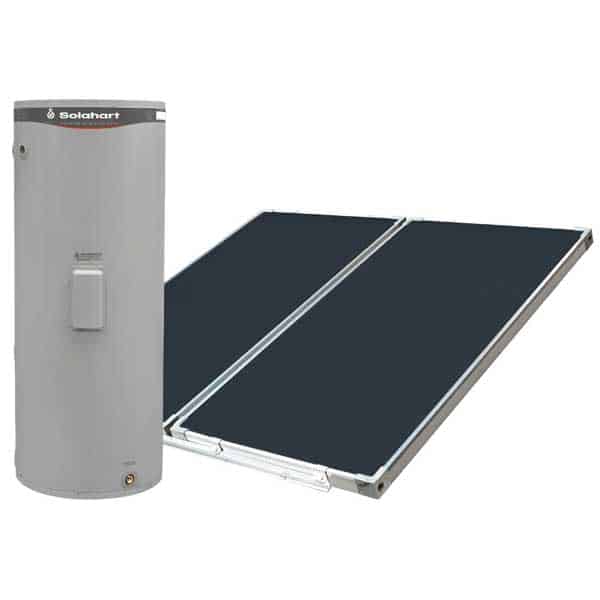 MCS07V Split system solar hot water system from Solahart which has a roof mounted solar panels and ground mounted hot water tank
